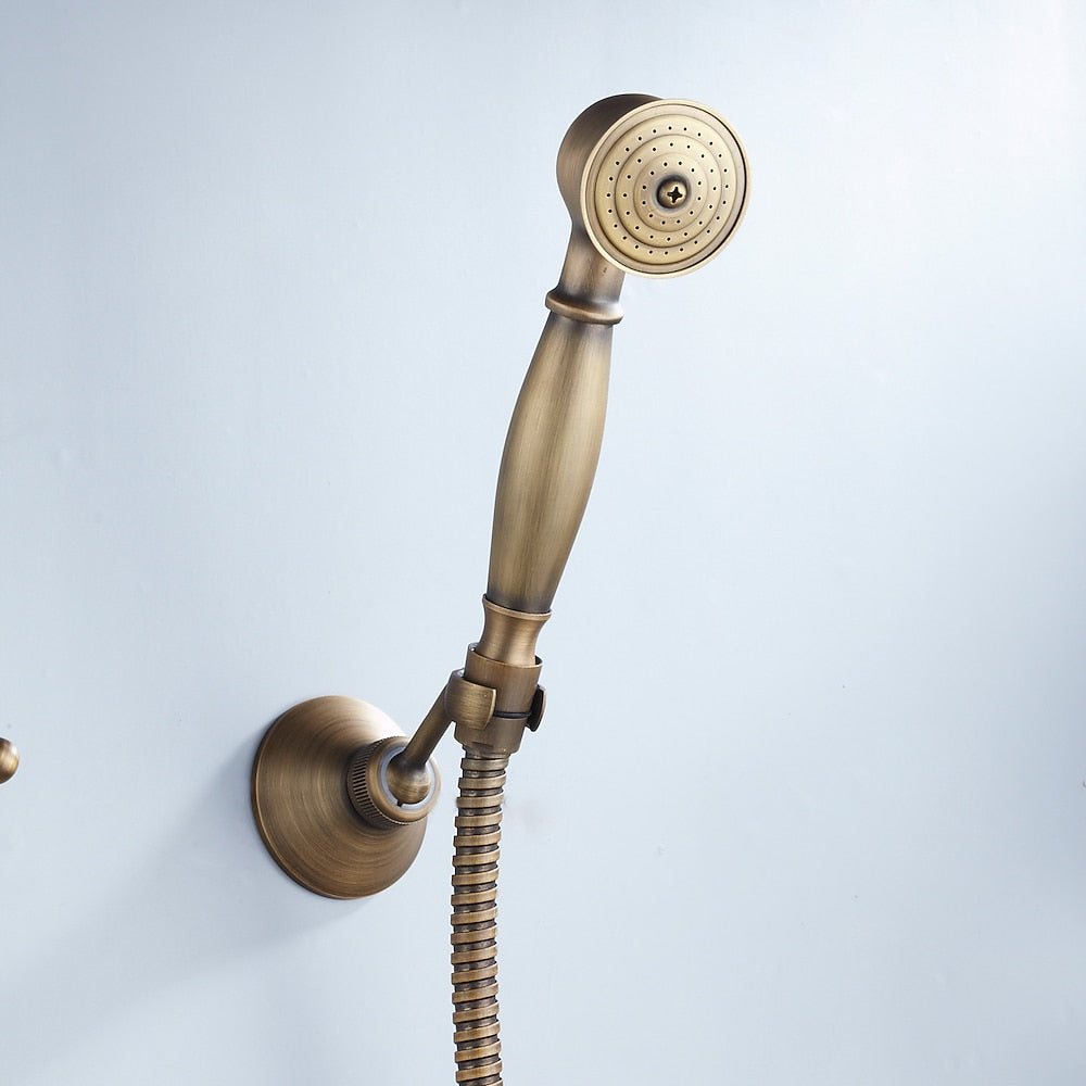 Antique Brass Retro Wall-Mount Shower Faucet, Dual-Handle Brass Faucet with Handheld Shower