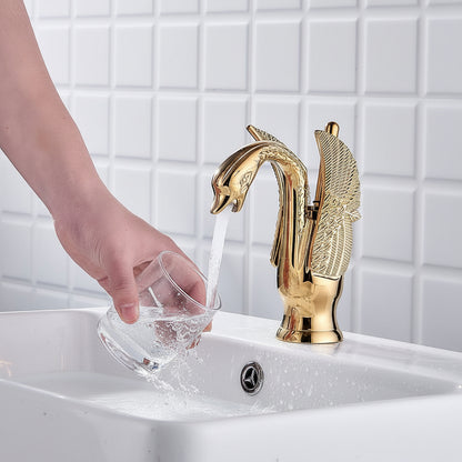 Swan Design Single-Hole Bathroom Faucet, Single-Handle Deck-Mount Brass Faucet