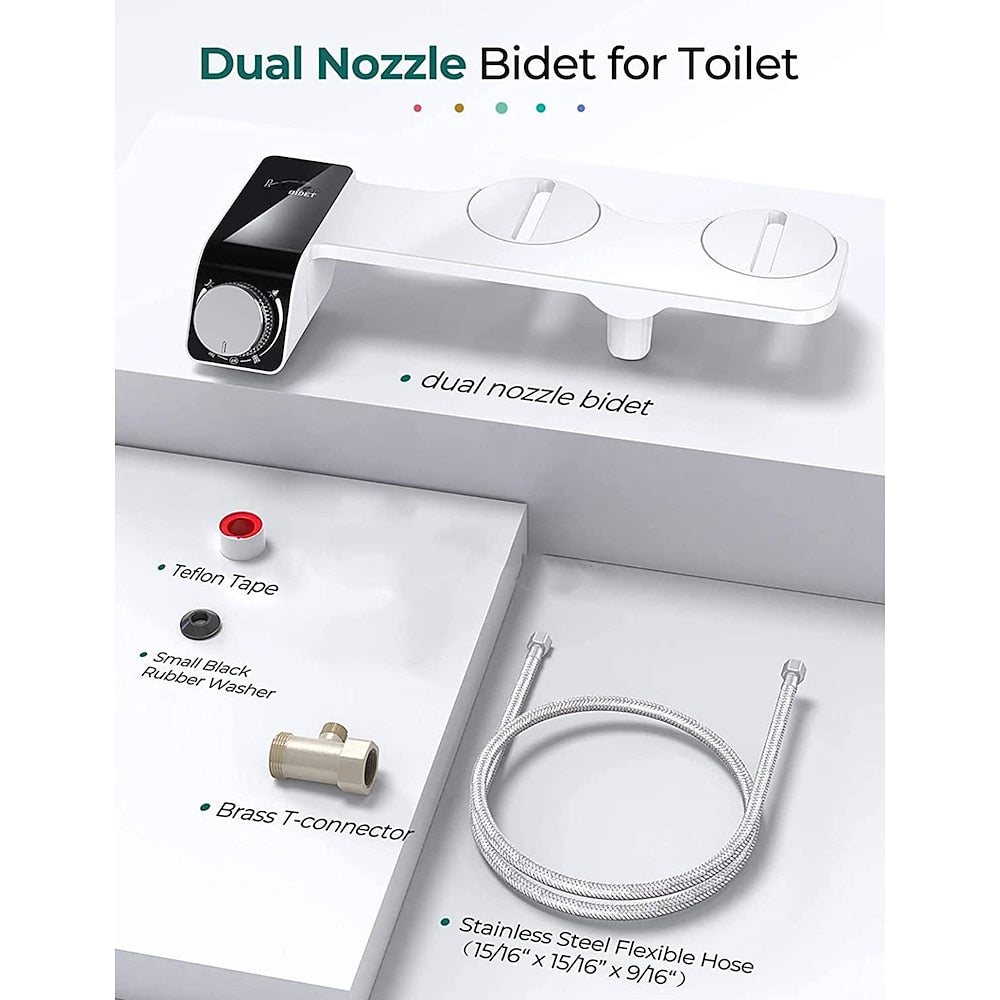 Matte White Non-Electric Dual-Nozzle Toilet Bidet Attachment, Self-Cleaning Bidet Sprayer with Adjustable Water Pressure Controls