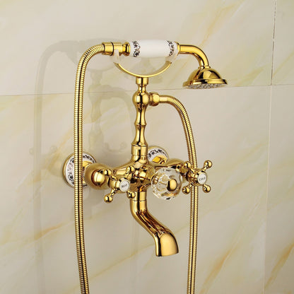Polished Gold Wall-Mount Tub Filler Faucet, Telephone Dual-Handle Bathtub Faucet with Handheld Shower