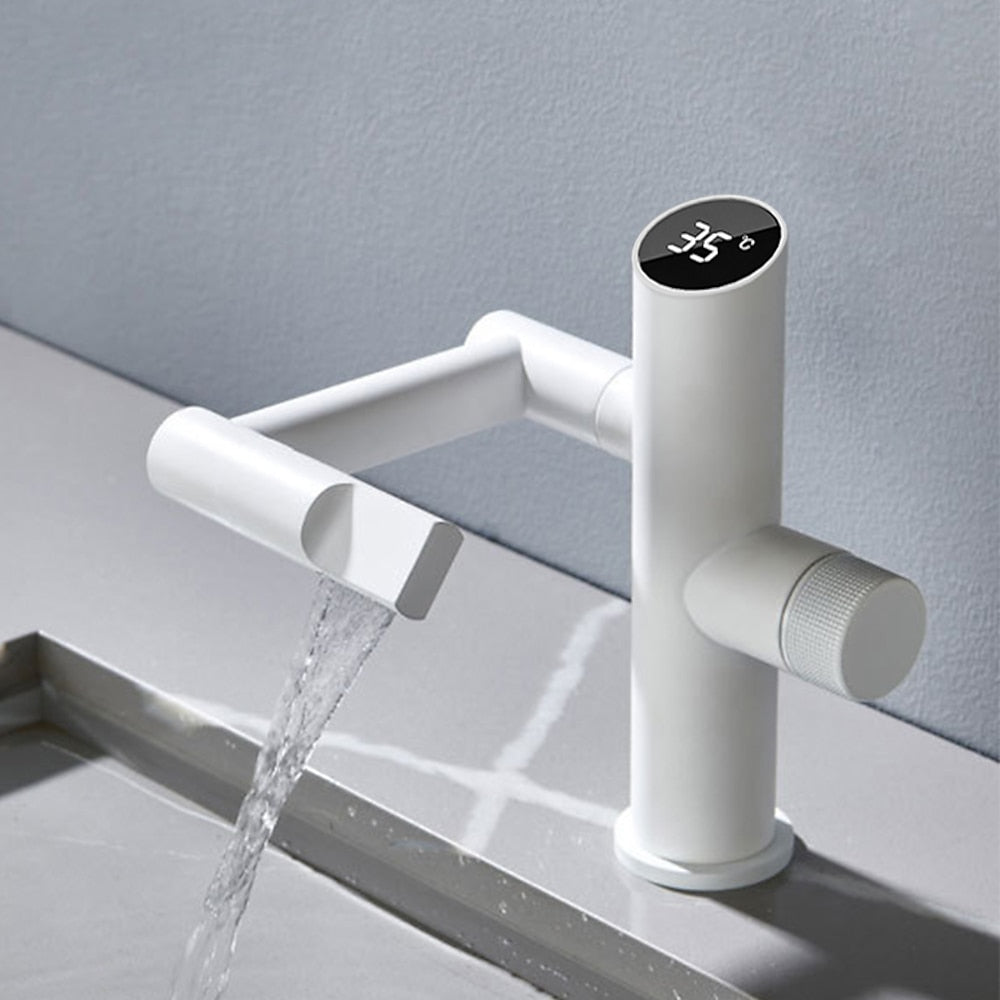 LED Digital Display Single-Hole Single-Handle Bathroom Faucet, Swivel Spout Brass Faucet, Matte Black / Matte White / Gunmetal