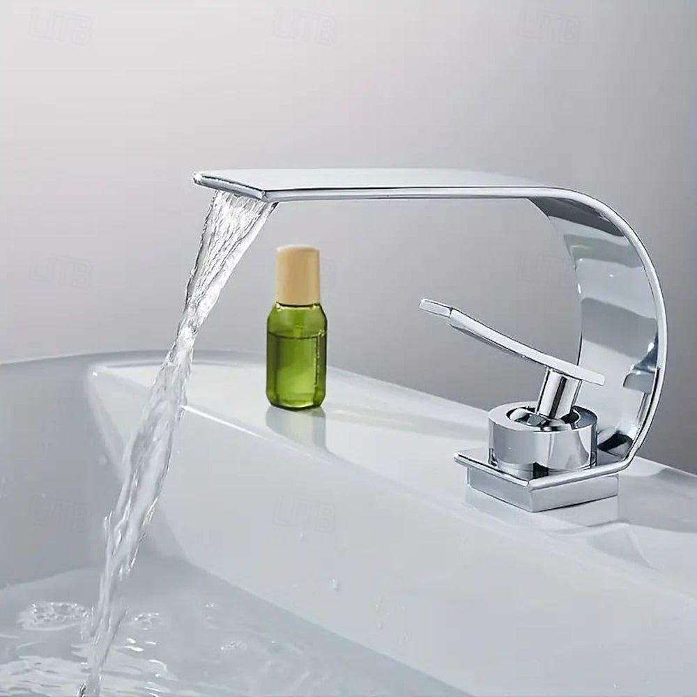Modern Waterfall Bathroom Faucet, Single-Handle Single-Hole Faucet, Matte Black / Chrome
