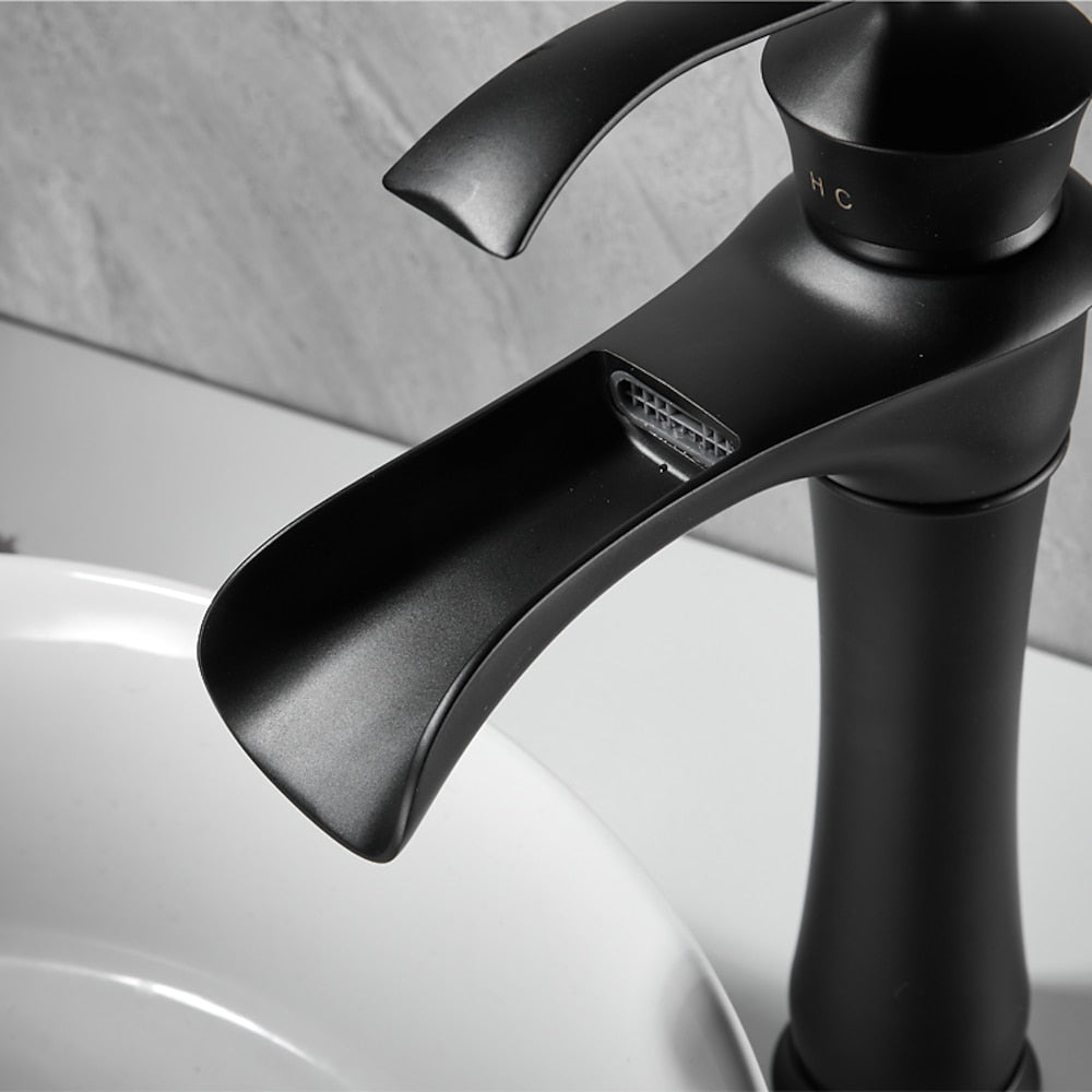 Matte Black Waterfall Vessel Bathroom Faucet, Single-Handle Single-Hole Basin Faucet