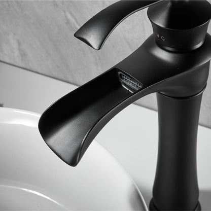 Matte Black Waterfall Vessel Bathroom Faucet, Single-Handle Single-Hole Basin Faucet