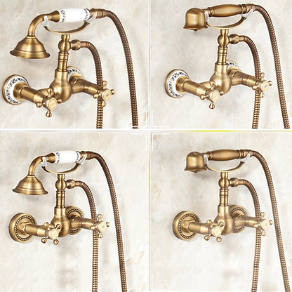 Antique Brass Wall-Mount Tub Filler Faucet, Double Cross Handle Telephone Bath Mixer Tap with Handheld Shower