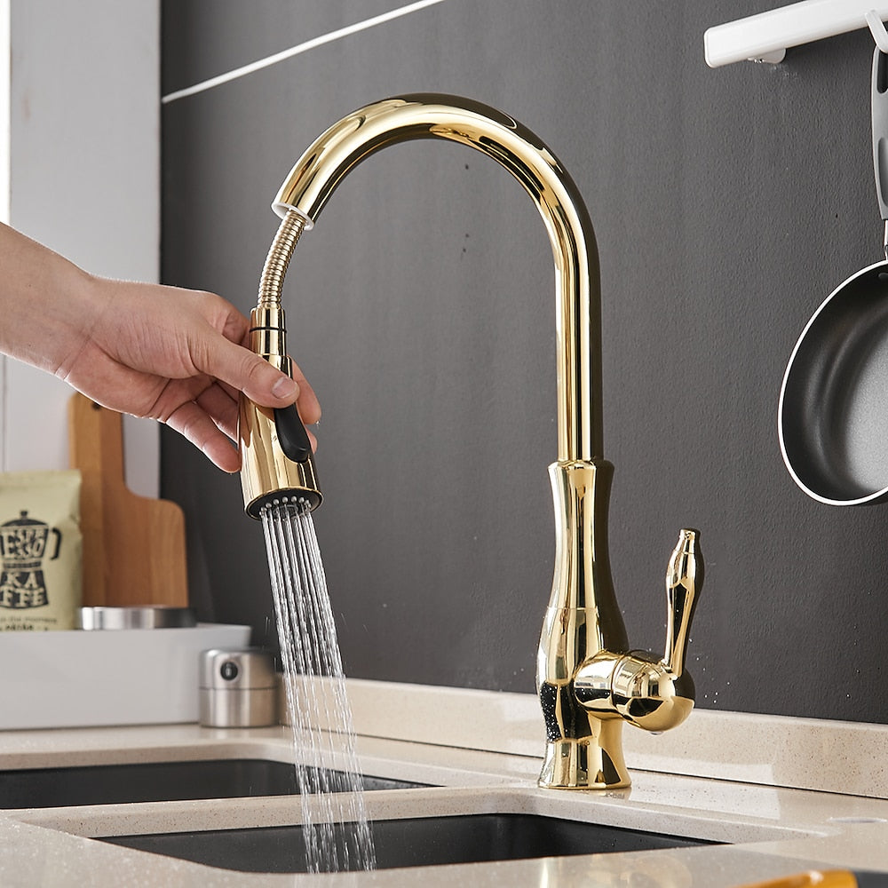 Pull-Down High Arc Kitchen Faucet, Single-Handle Brass Faucet, Brushed Nickel / Polished Gold / Chrome