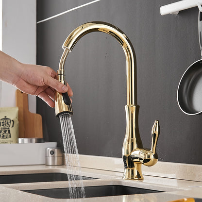 Pull-Down High Arc Kitchen Faucet, Single-Handle Brass Faucet, Brushed Nickel / Polished Gold / Chrome