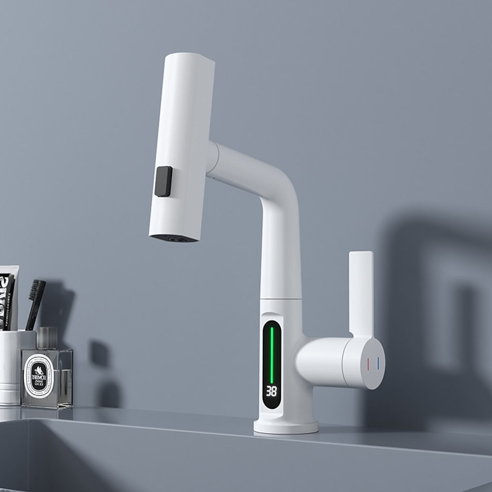 Modern LED Temperature Display Pull-Out Bathroom Faucet, Single-Handle Swivel Faucet, Matte Black / Chrome / Matte White / Gunmetal