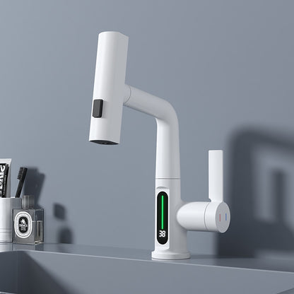 Modern LED Temperature Display Pull-Out Bathroom Faucet, Single-Handle Swivel Faucet, Matte Black / Chrome / Matte White / Gunmetal