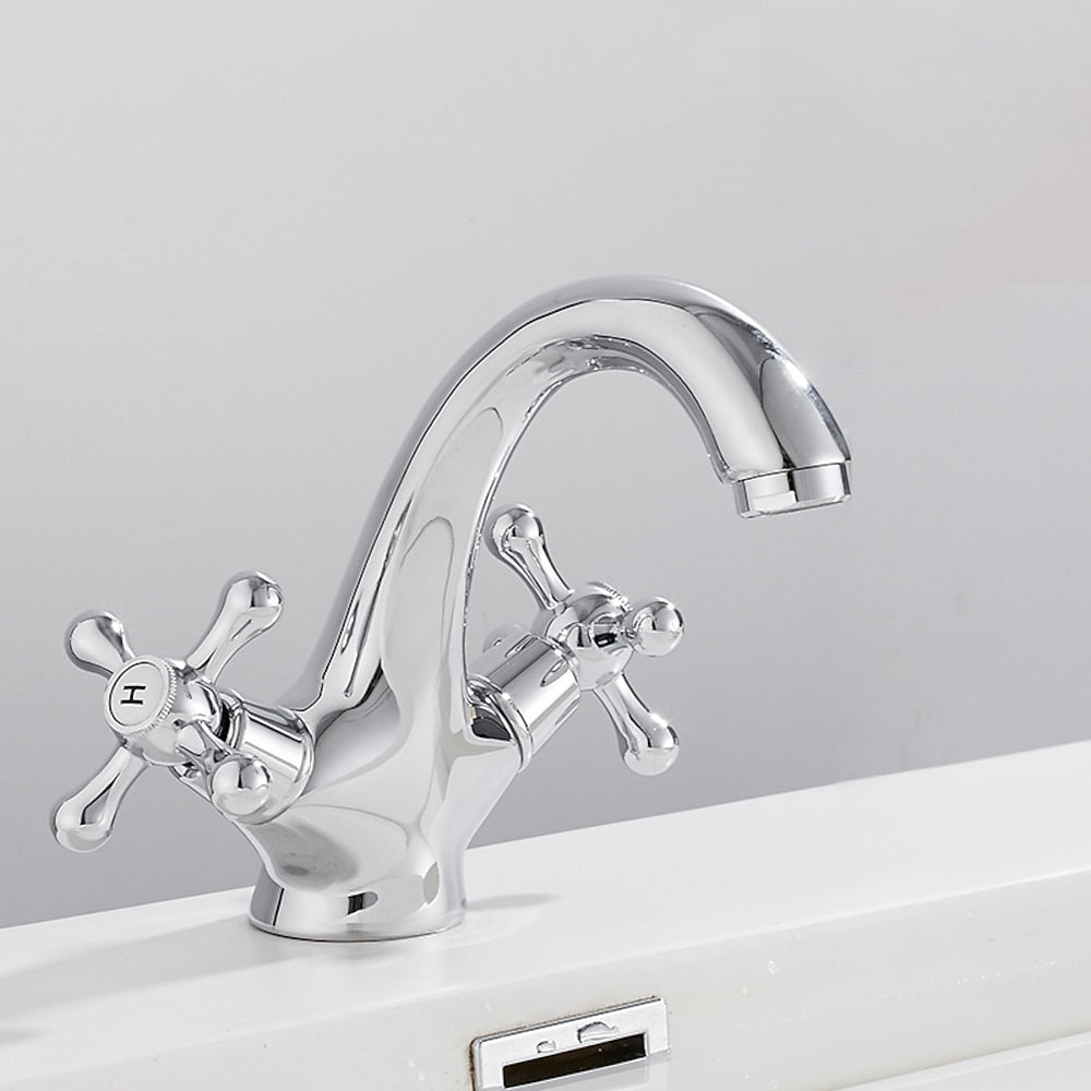 Vintage Single-Hole Bathroom Faucet, Dual Cross Handle Brass Faucet
