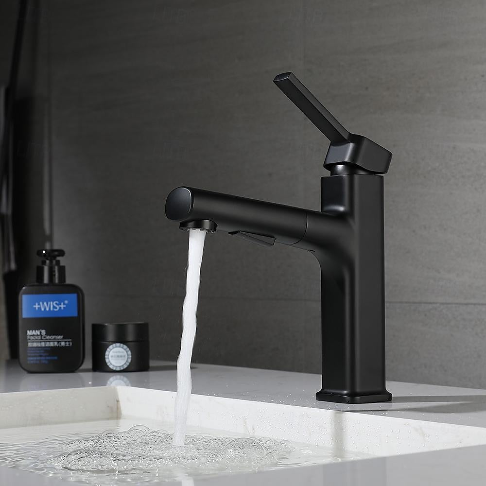 Modern Pull-Out Single-Hole Bathroom Faucet, Single-Handle Basin Faucet, Chrome / Matte Black / Brushed Gold / Gunmetal
