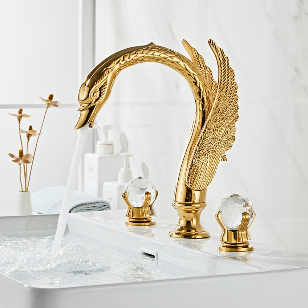 Swan-Shaped Widespread Bathroom Faucet, Double-Handle Brass Basin Faucet with Crystal Knob Handles, Antique Brass / Polished Gold / Chrome / Matte Black