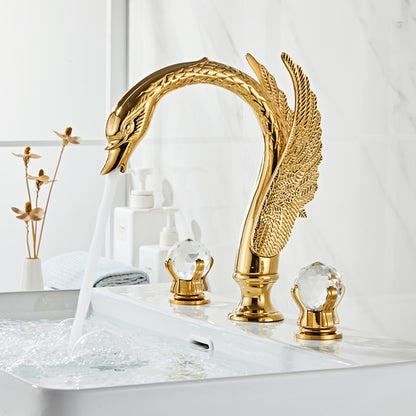 Swan-Shaped Widespread Bathroom Faucet, Double-Handle Brass Basin Faucet with Crystal Knob Handles, Antique Brass / Polished Gold / Chrome / Matte Black