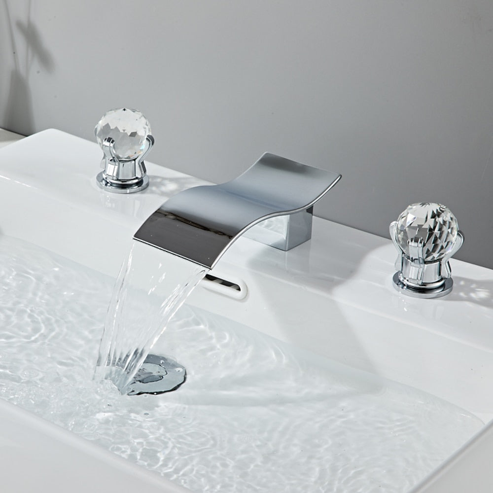 Waterfall Widespread Bathroom Sink Faucet, Double Crystal Knob Handle Deck Mounted Faucet, Matte Black / Chrome / Brushed Gold / Brushed Nickel / Gunmetal / PVD