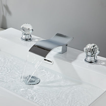Waterfall Widespread Bathroom Sink Faucet, Double Crystal Knob Handle Deck Mounted Faucet, Matte Black / Chrome / Brushed Gold / Brushed Nickel / Gunmetal / PVD