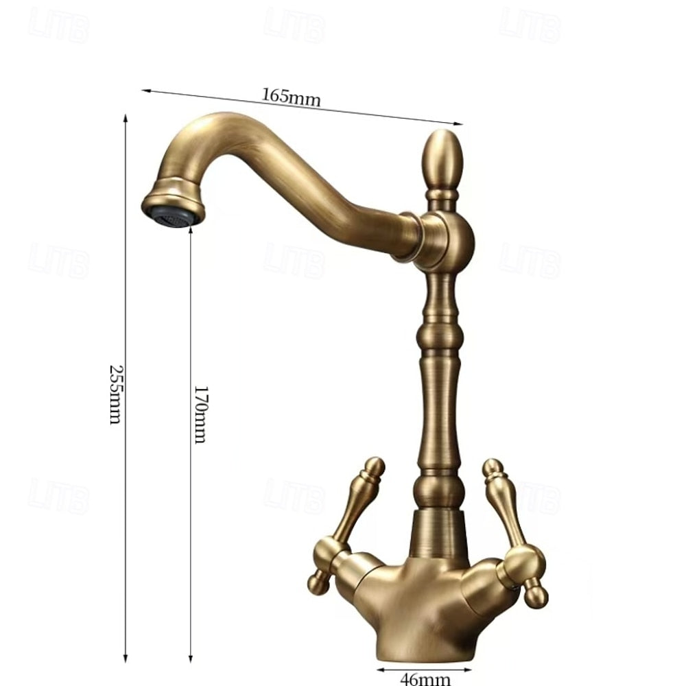Vintage Antique Brass Single-Hole Bathroom Faucet, Double-Handle High-Arc Faucet