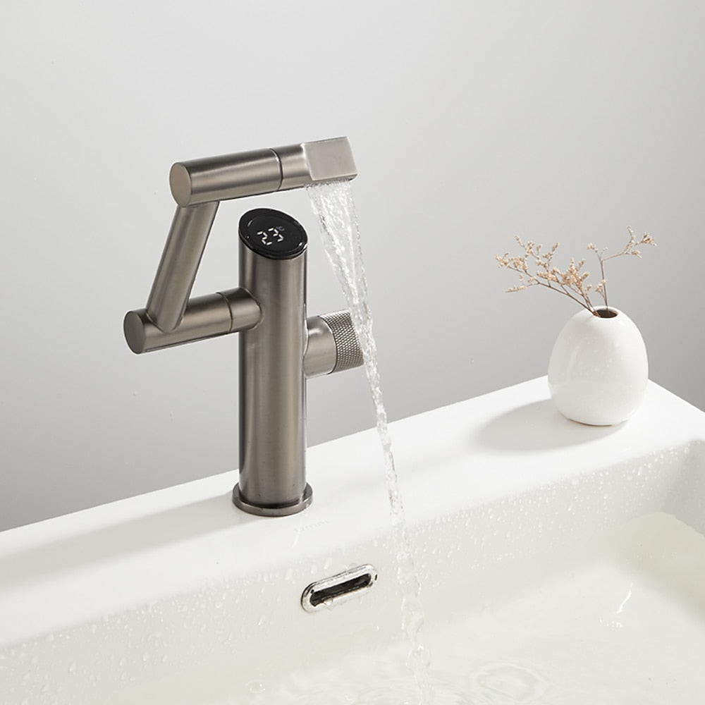 LED Digital Display Single-Hole Single-Handle Bathroom Faucet, Swivel Spout Brass Faucet, Matte Black / Matte White / Gunmetal