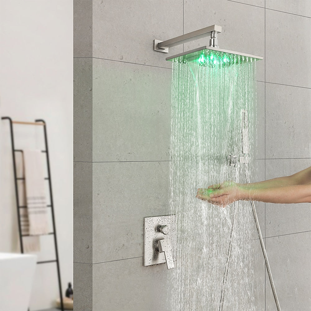 LED Rainfall Shower Faucet System, Wall-Mount Single-Handle Shower Faucet with Handheld Shower, Matte Black / Chrome
