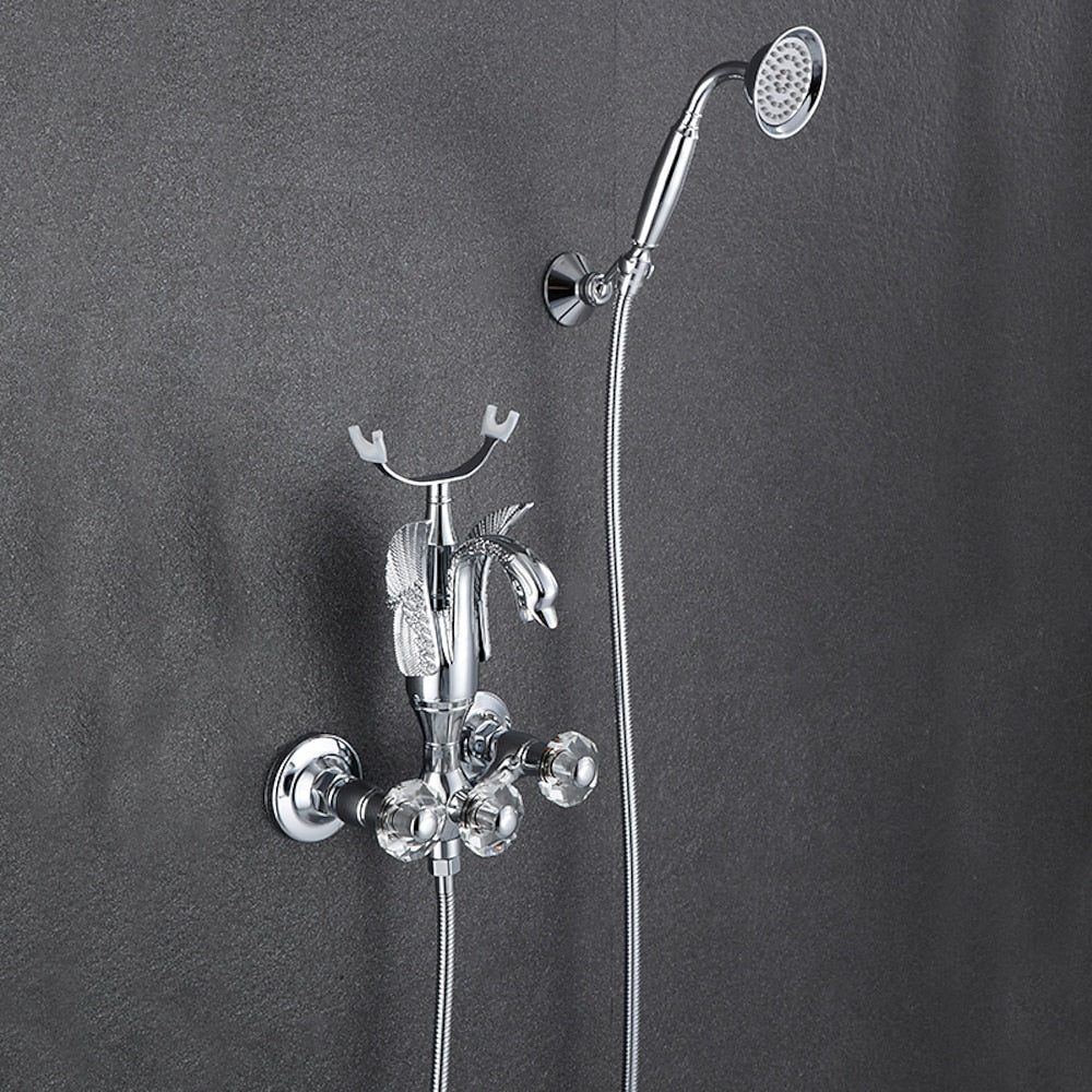 Swan Spout Wall-Mount Bathtub Faucet, Dual-Handle Tub Filler with Handheld Shower, Antique Brass / Matte Black / Chrome / Polished Gold
