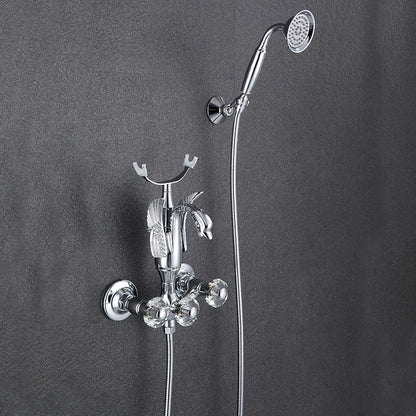 Swan Spout Wall-Mount Bathtub Faucet, Dual-Handle Tub Filler with Handheld Shower, Antique Brass / Matte Black / Chrome / Polished Gold