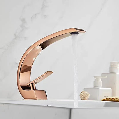 Waterfall Single-Hole Bathroom Faucet, Single-Handle Brass Faucet, Chrome / Matte Black / Polished Gold / Rose Gold