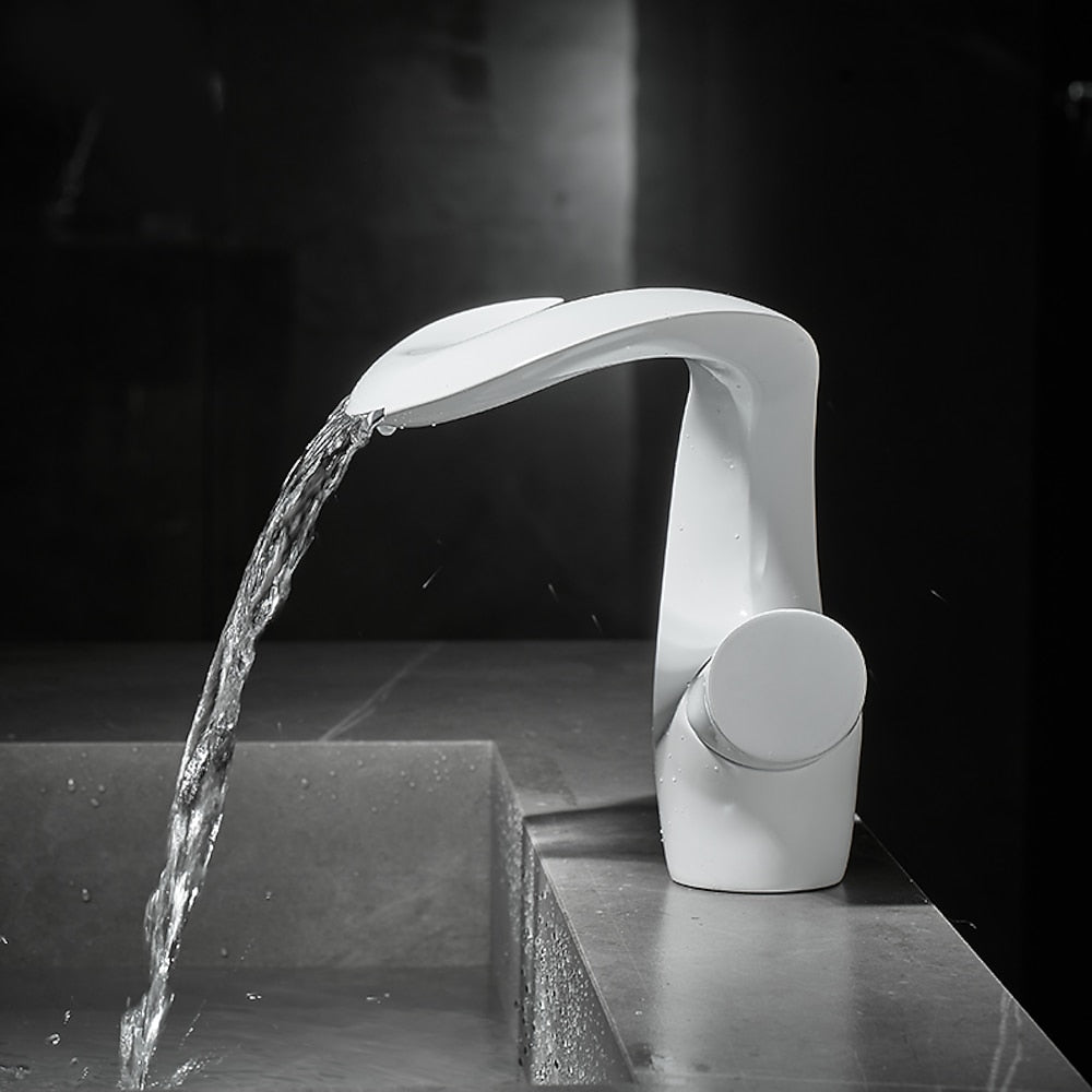 Waterfall Modern Single-Hole Bathroom Faucet, Single-Handle Brass Faucet, Matte White / Matte Black / Brushed Nickel / Antique Brass