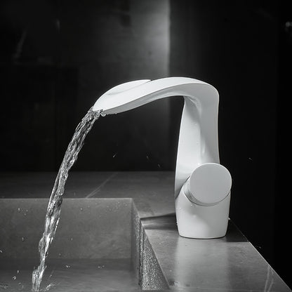 Waterfall Modern Single-Hole Bathroom Faucet, Single-Handle Brass Faucet, Matte White / Matte Black / Brushed Nickel / Antique Brass