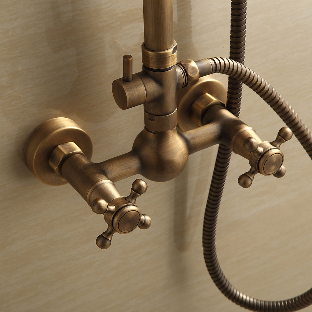 Antique Brass Vintage Exposed Shower Faucet, Wall-Mount Complete Shower System with Handheld Shower / 8-Inch Rain Shower Head