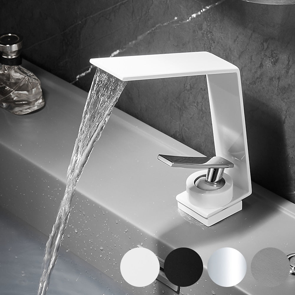 Waterfall Single-Hole Bathroom Faucet, Single-Handle Brass Faucet, Matte Black / Matte White / Chrome / Gunmetal