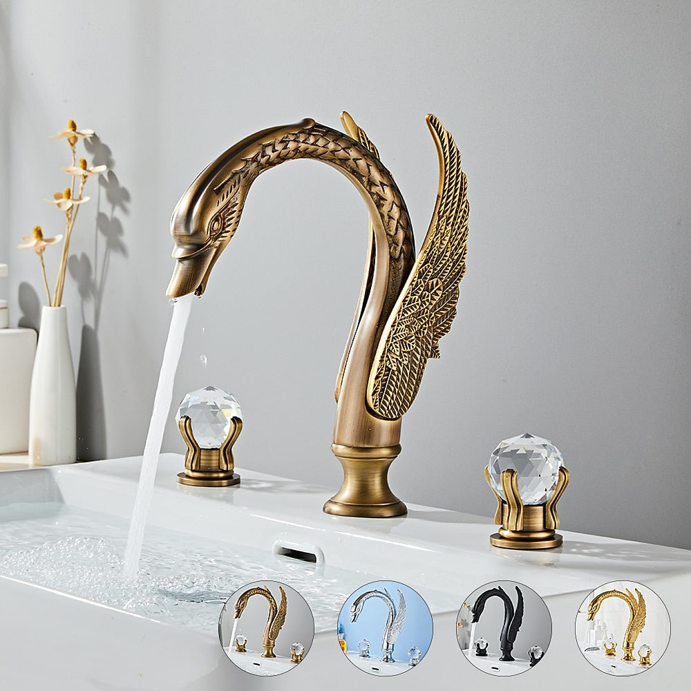 Swan-Shaped Widespread Bathroom Faucet, Double-Handle Brass Basin Faucet with Crystal Knob Handles, Antique Brass / Polished Gold / Chrome / Matte Black