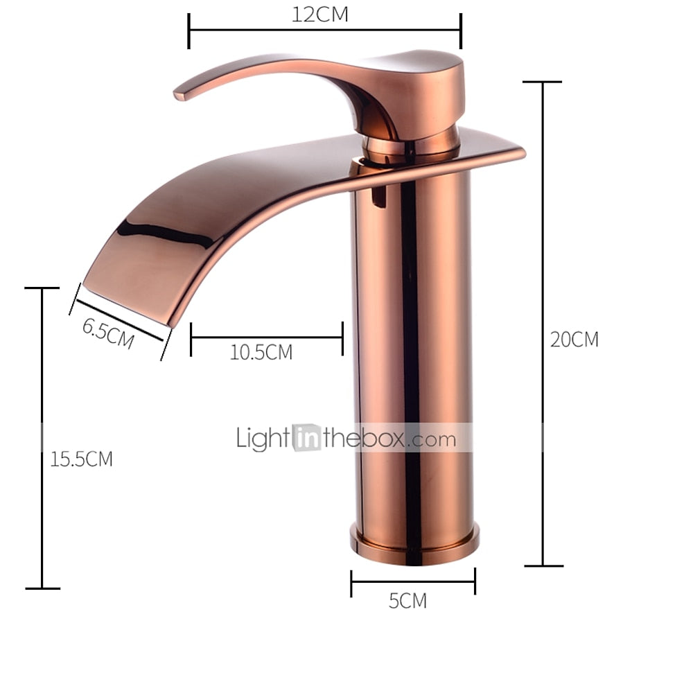 Rose Gold Modern Single-Hole Bathroom Faucet, Single-Handle Waterfall Spout Faucet with Pop-Up Drain
