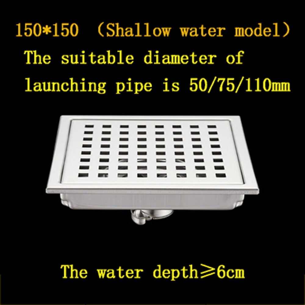 Stainless Steel Anti-Odor Square Floor Drain, Floor-Mounted Shower Drain with Removable Cover