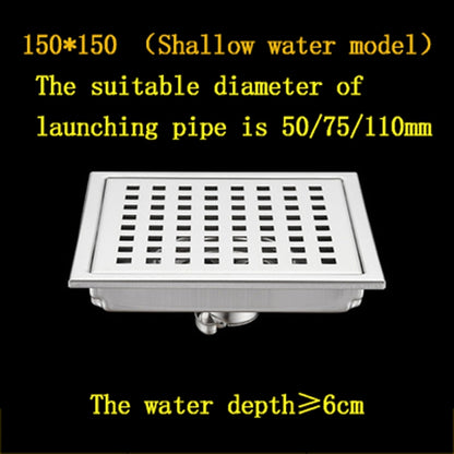 Stainless Steel Anti-Odor Square Floor Drain, Floor-Mounted Shower Drain with Removable Cover