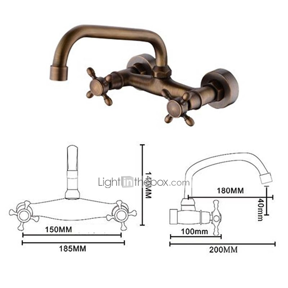 Retro Wall-Mount Antique Brass Bathroom Faucet, Double Cross Handle Swivel Spout Brass Utility Faucet