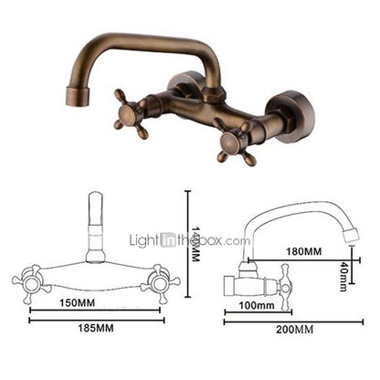 Retro Wall-Mount Antique Brass Bathroom Faucet, Double Cross Handle Swivel Spout Brass Utility Faucet