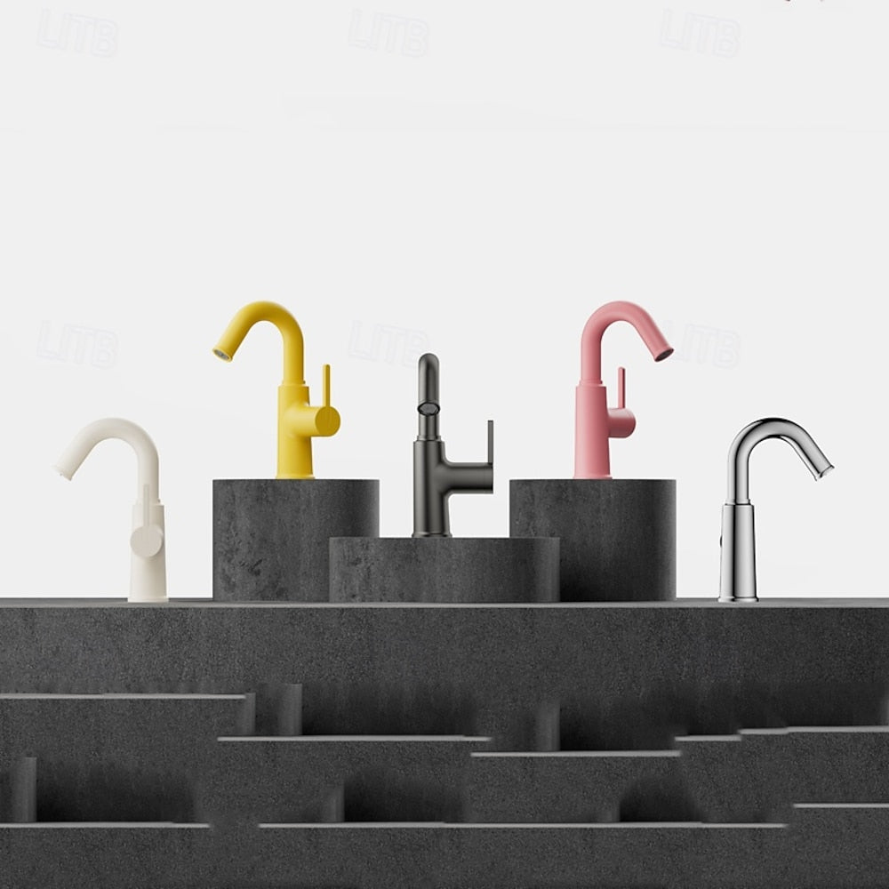 Modern High-Arc Bathroom Faucet, Single-Handle Single-Hole Faucet, Multi- / Green / White / Yellow / Pink / Gray / Silver