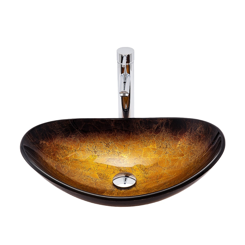 Gold Foil Tempered Glass Vessel Sink, Chrome Single-Handle Tall Faucet with Pop-Up Drain