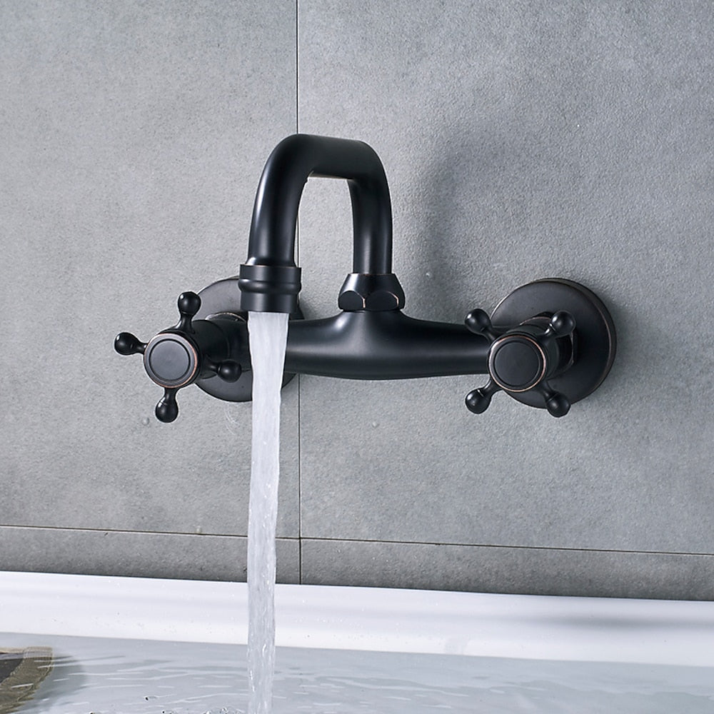 Wall-Mount Vintage Oil-Rubbed Bronze Brass Bathroom Sink Faucet, Double-Handle Swivel High Arc Spout Faucet