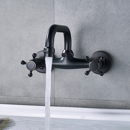 Wall-Mount Vintage Oil-Rubbed Bronze Brass Bathroom Sink Faucet, Double-Handle Swivel High Arc Spout Faucet