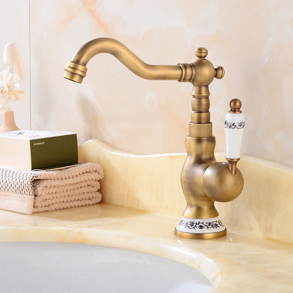 Traditional Swivel Spout Bathroom Faucet, Single-Hole Single-Handle Ceramic Lever Faucet, Antique Brass / Chrome / Polished Gold
