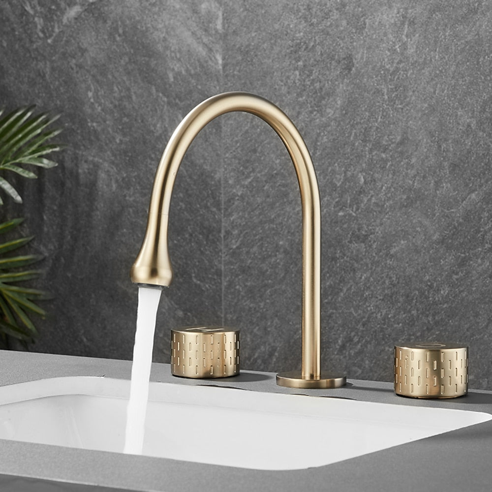 360-Degree Swivel Modern Bathroom Sink Faucet, 3-Hole Widespread Brass Faucet, Gunmetal / Matte Black / Brushed Gold / Chrome