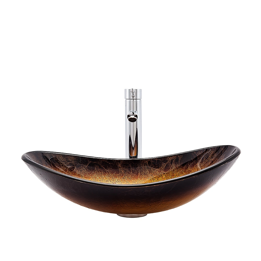 Gold Foil Tempered Glass Vessel Sink, Chrome Single-Handle Tall Faucet with Pop-Up Drain