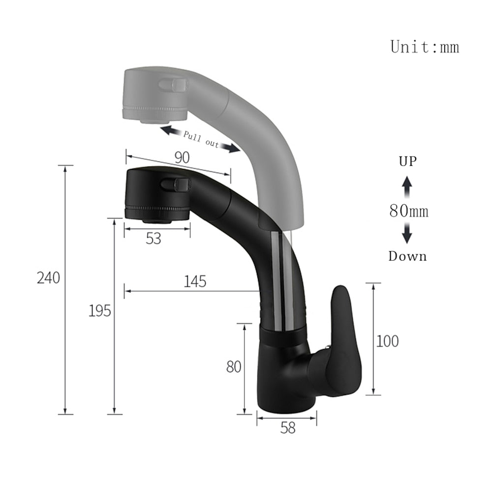 Pull-Out Single-Hole Bathroom Faucet, Single-Handle Liftable Swivel Faucet, Matte Black / Chrome