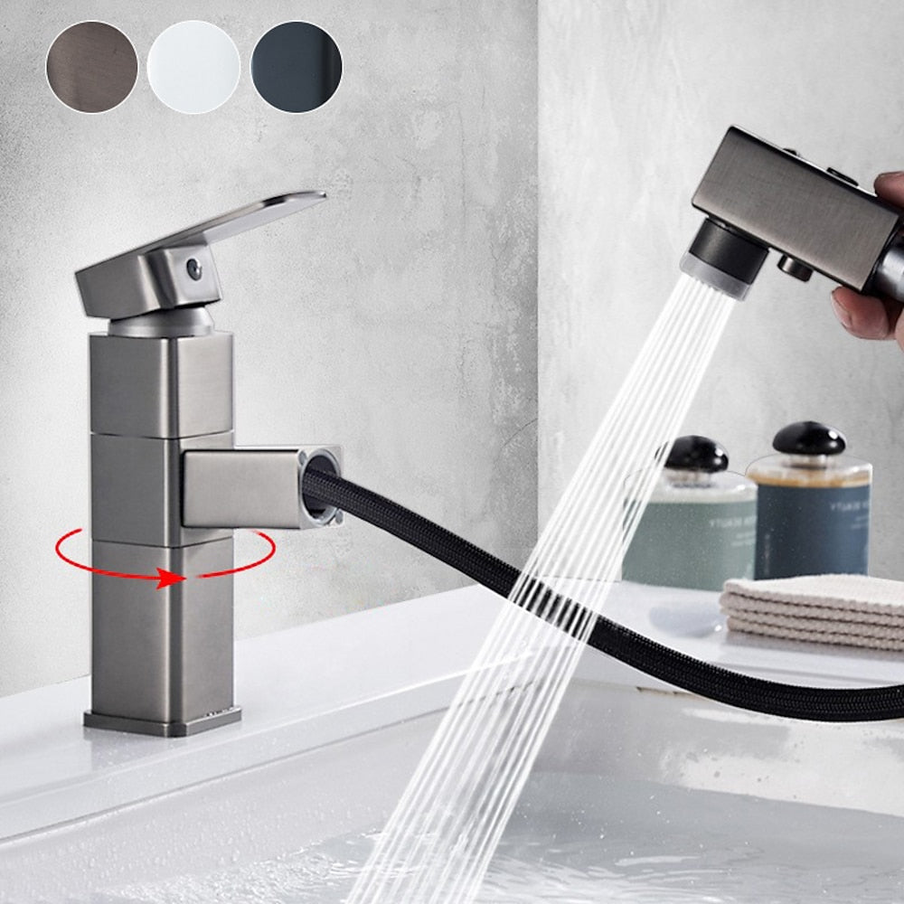 Modern Pull-Out Bathroom Faucet, Single-Hole Swivel Spout Faucet, Matte Black / Chrome / Brushed Nickel / Gunmetal / Matte White