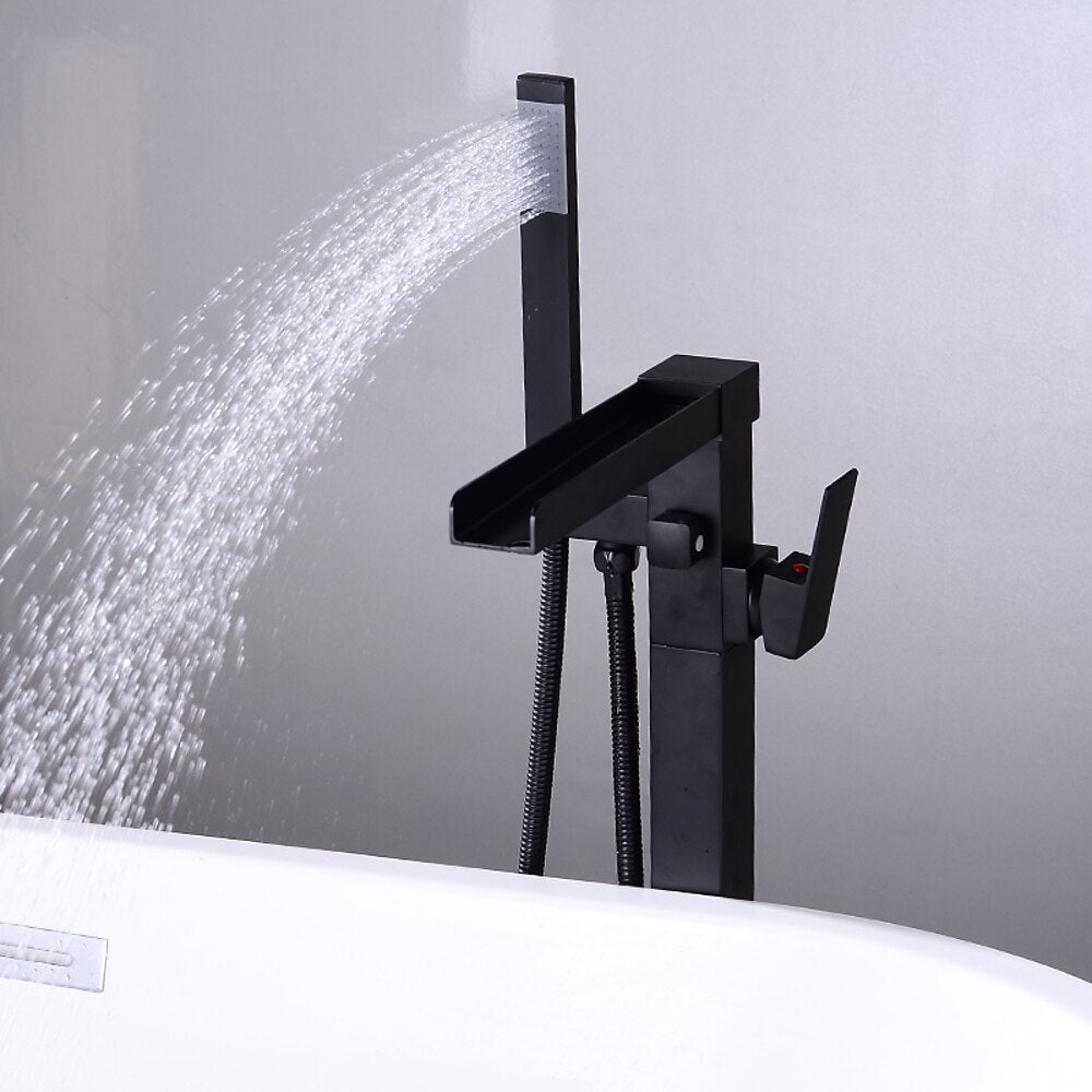 Modern Waterfall Freestanding Tub Filler, Single-Handle Tub Faucet with Handheld Shower