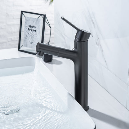Pull-Out Single-Hole Bathroom Faucet, Modern Single-Handle Basin Faucet with 2-Mode Sprayer, Matte Black / Brushed Gold / Gunmetal