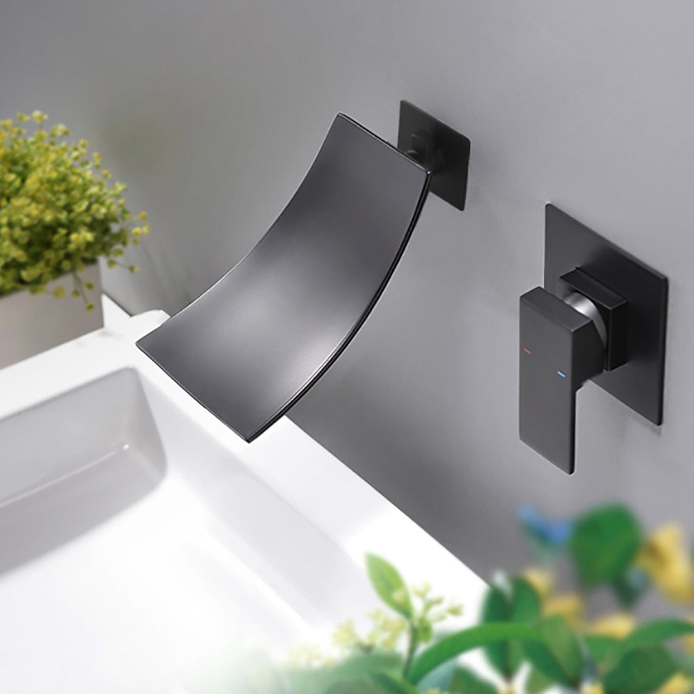 Matte Black Waterfall Wall-Mount Bathroom Faucet, Single-Handle Brass Basin Faucet with Rough-In Valve