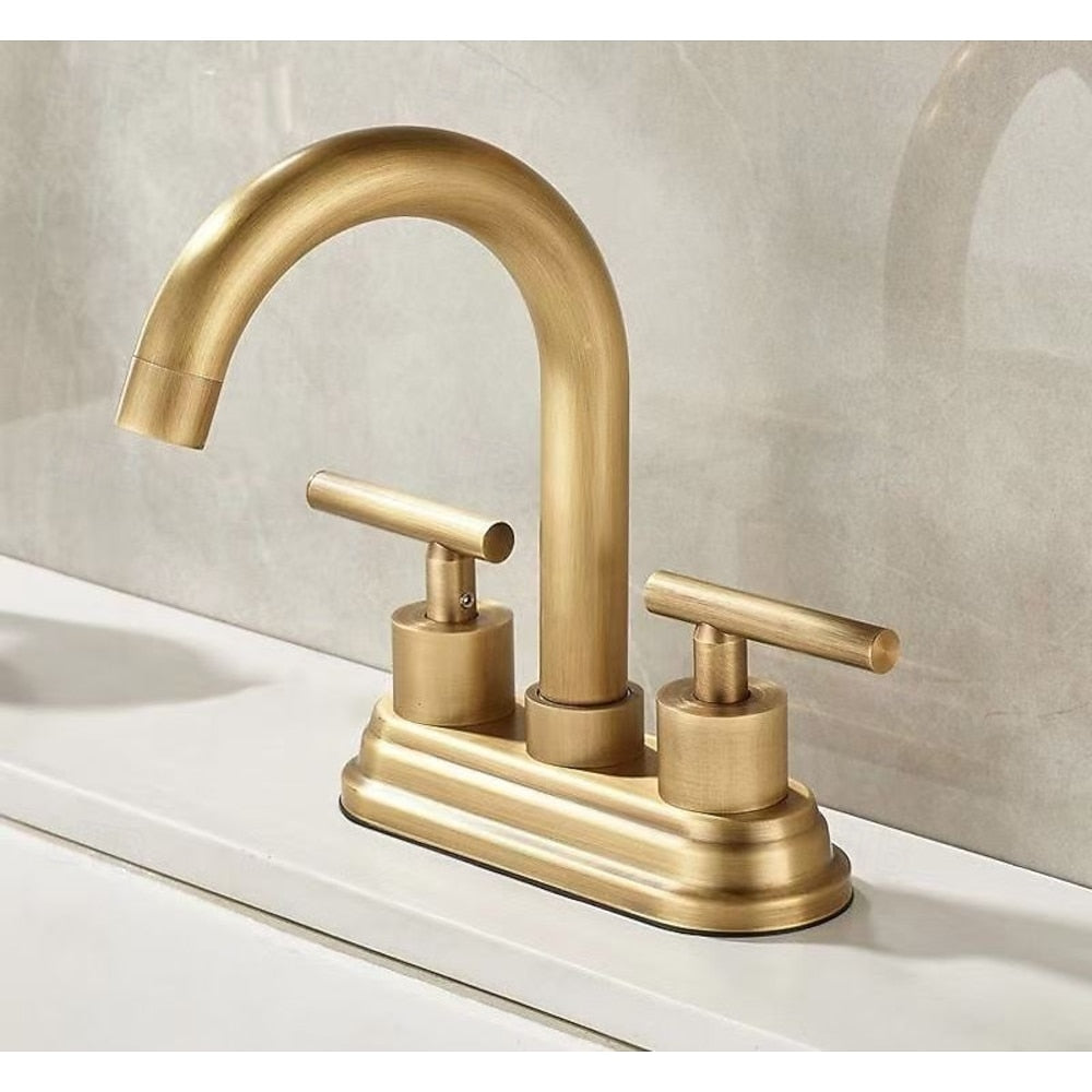 Modern High-Arc Spout Bathroom Faucet, 4-Inch Centerset Dual-Handle Faucet, Brushed Gold / Brushed Bronze