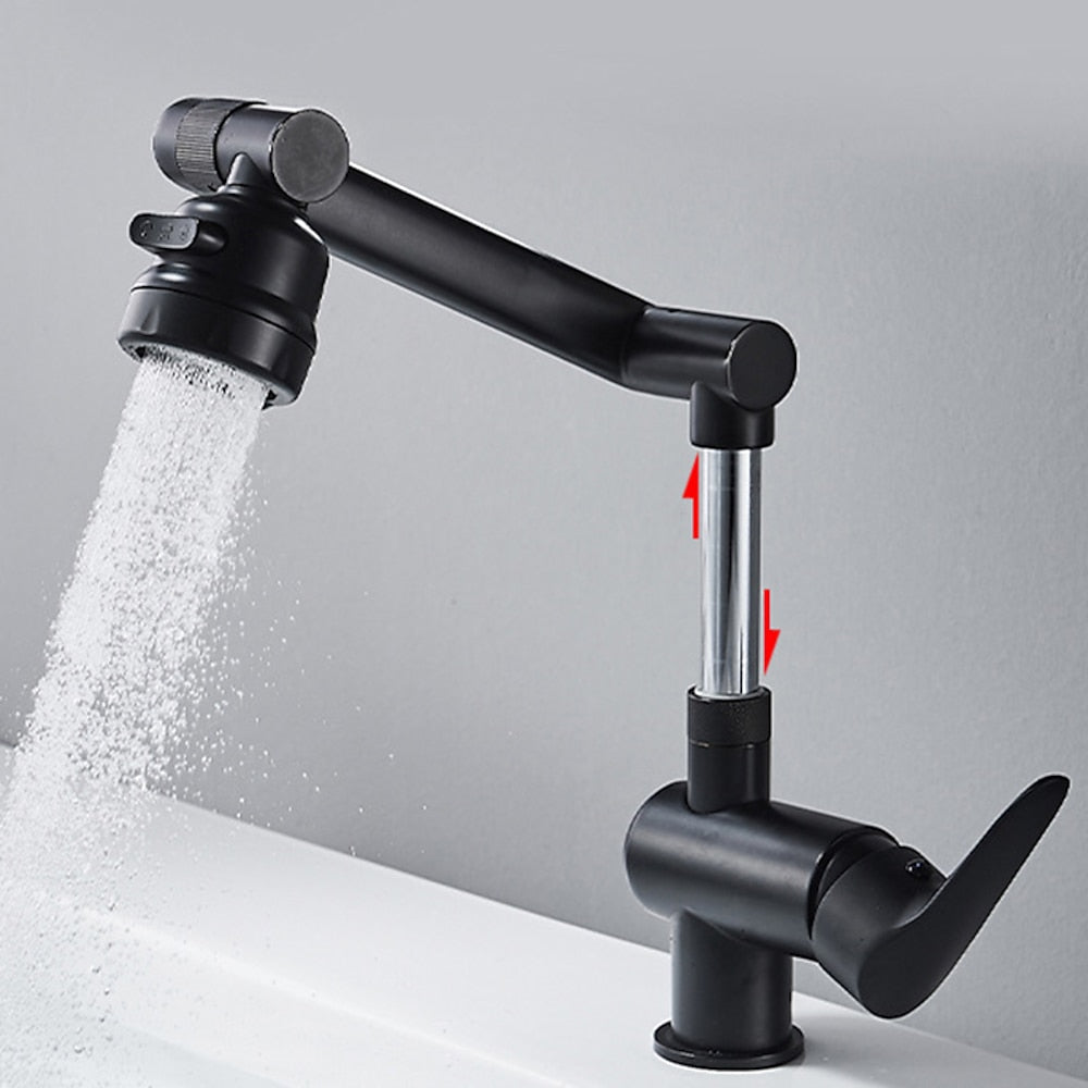 Height-Adjustable Modern Bathroom Sink Faucet, Single-Hole Swivel Spout Faucet, Matte Black / Chrome
