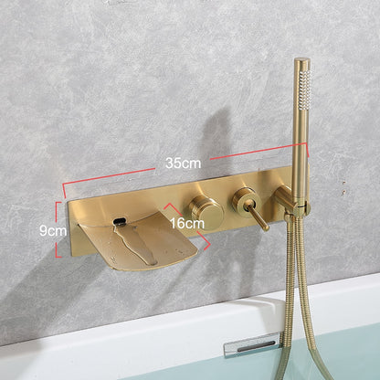 Waterfall Wall-Mount Tub Filler Faucet, Brass Bathtub Faucet with Handheld Shower, Brushed Gold / Matte Black